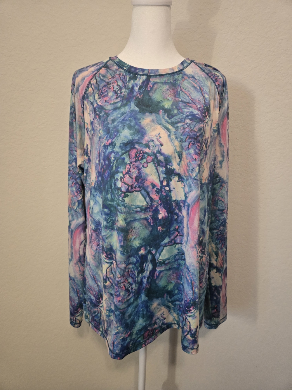 Reel Legends Marble-Print Long Sleeve Top in Blue and Pink